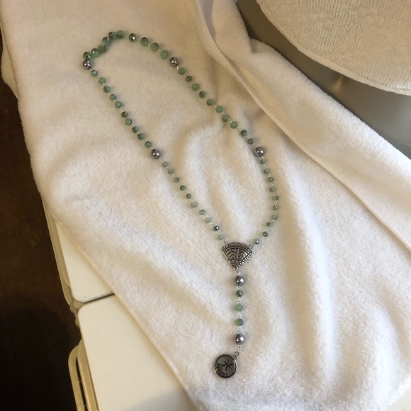 Pisces Zodiac seafoam green beaded rosary necklace handmade - Picture 4 of 7